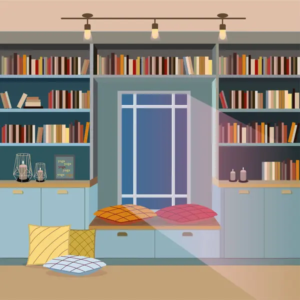 Kitap okumak için, kütüphanenin içini, kitaplıkları, yastıkları, cam penceresi, edebiyat deposu olan rahat bir yeri. Vektör illüstrasyonu EPS10