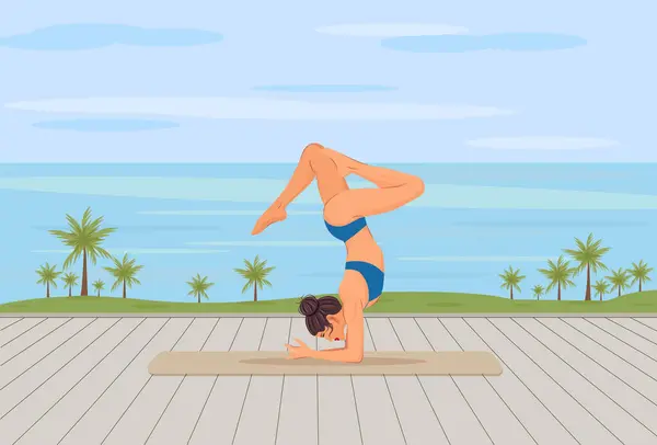 Kız yoga yapıyor. Okyanusun arka planında bir kadın, deniz yoga yapıyor. Vektör illüstrasyonu EPS10