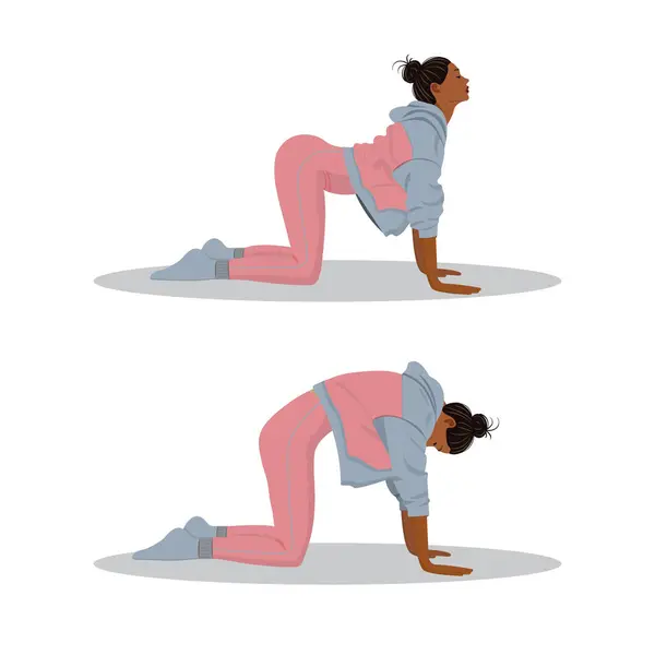 Kedi pozu, güzel kız marjariasana çalışması. Yoga egzersizi yapan çekici genç bir kadın. Spor yapıyor, gri-pembe spor takım giyiyor. Dinlen, rahatla. Vektör illüstrasyonu..