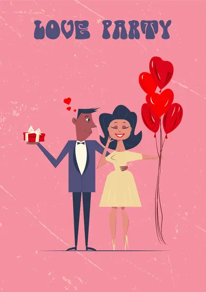 Retro Poster. Aşk Partisi. Eski usul aşık bir çift. Balonlar. Hediye. Vektör illüstrasyonu.