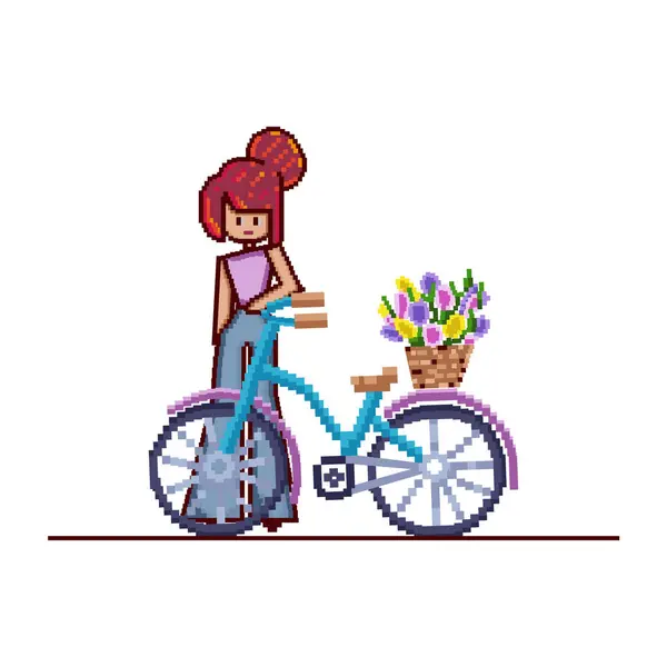 Piksel sanatı. Bisikletli ve çiçekli tatlı kız. Vektör illüstrasyonu.