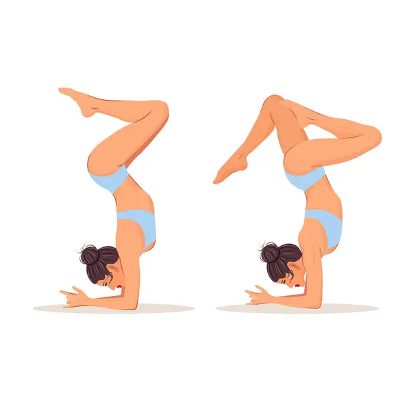 Kadın amuda kalkıyor. İki yoga pozu. Düz vektör çizimi beyaz arkaplanda izole edildi
