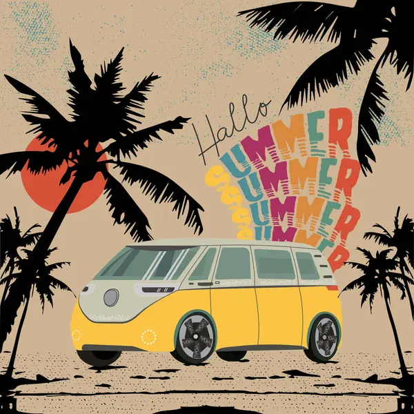 Palmiye ağaçları ve gün batımıyla güzel bir tropikal sahilde araba. Yaz, tatil.