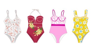 Parlak renkli yaz mayoları. Vektör illüstrasyonu. Beyaz arkaplanda.