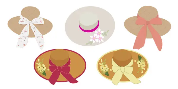 Kadın plaj şapkaları. Fiyonklu başlık. Yazın moda şapkalar. Vektör illüstrasyonu.