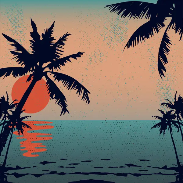 Akşam kumsalı. Sahilde gün batımı. Günbatımının arka planında palmiye ağaçları.