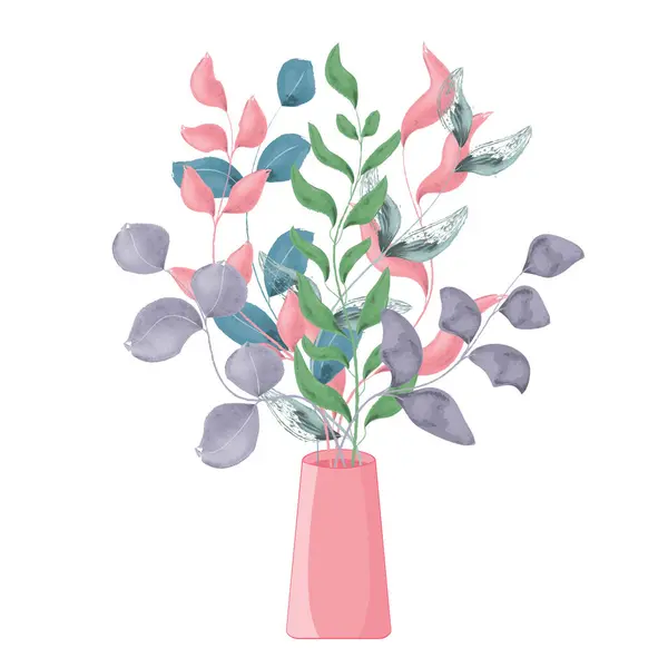 Suluboya çiçekler. Vazoda çiçekler var. Bir buket suluboya çiçek..