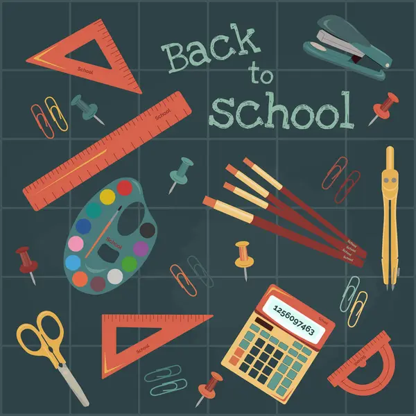 Okula dönelim. Okul kırtasiyesi. Vektör illüstrasyonu.