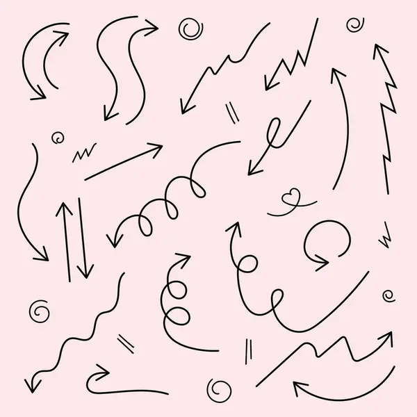 Elle çizilmiş okları olan bir dizi vektör simgesi. Okları olan siyah simgeler. Yuvarlak oklar, dönen ok, işlem tamamlama sembolü.