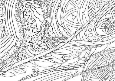 Soyut stres önleyici boyama sayfası. Bitkiler, dallar, yapraklar ve ağaçlar, kelebekler, çiçekler ve dalgalar