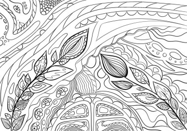 Abstract hand drawn anti stress colouring page with ink waves. Plants, branches, leaves and trees. 