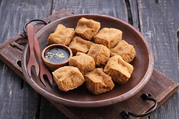 Fried Tofu Dried Tea Wooden Table — Stock fotografie