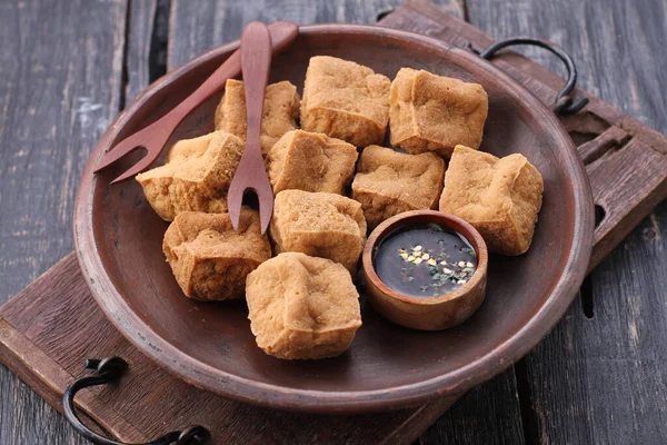 Fried Tofu Cookies Sesame Seeds Spices Wooden Table — Stock fotografie