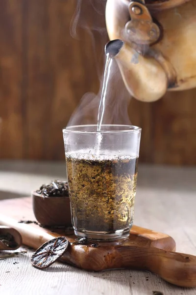 Glass Coffee Cinnamon Sugar Wooden Background — Stock Photo, Image