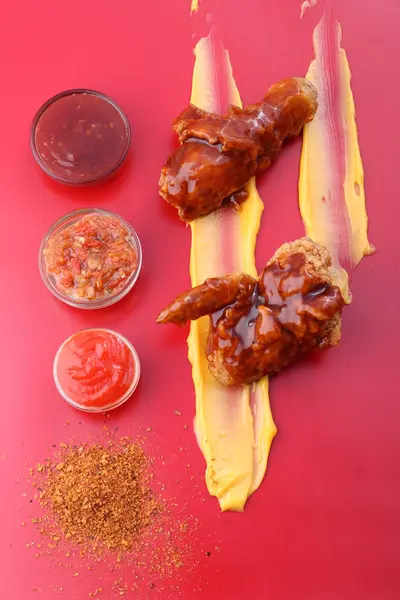 Spicy Chicken Wings Sauces Black Background — Stock fotografie