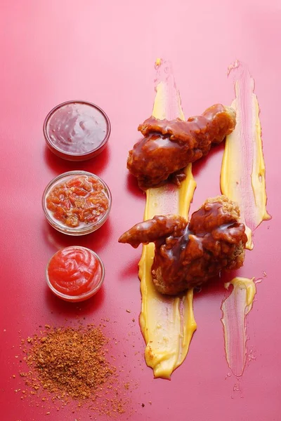 Fried Chicken Wings Ketchup Mustard Sauce White Background — Stock fotografie