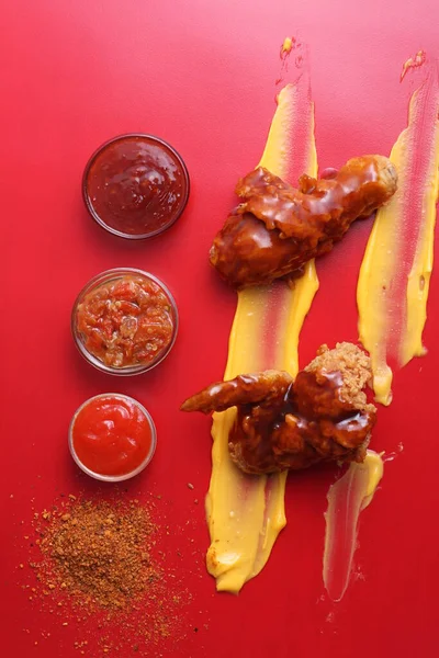 Chicken Wings Grilled Chili Peppers Ketchup Red Paper Background Close — Stockfoto