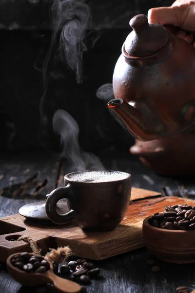 Black Tea Cup Coffee Teapot Wooden Background — Foto Stock