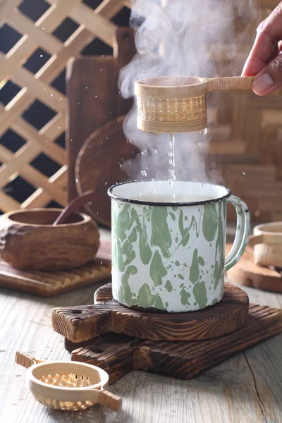 Pouring Coffee Cup Wooden Table — Fotografia de Stock