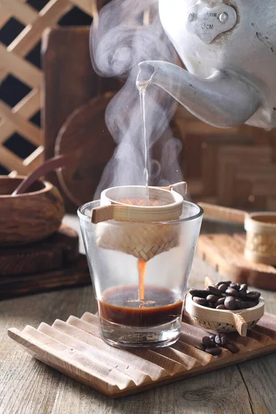 Coffee Cup Tea Glass Milk Wooden Table — Fotografia de Stock