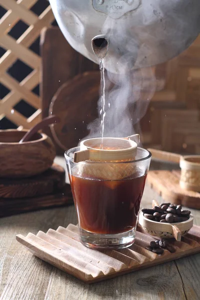 Coffee Cup Hot Chocolate Cinnamon Sticks Wooden Table —  Fotos de Stock