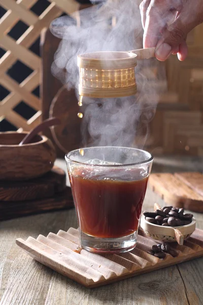 Hot Chocolate Cup Coffee Glass Milk Wooden Background — Fotografia de Stock
