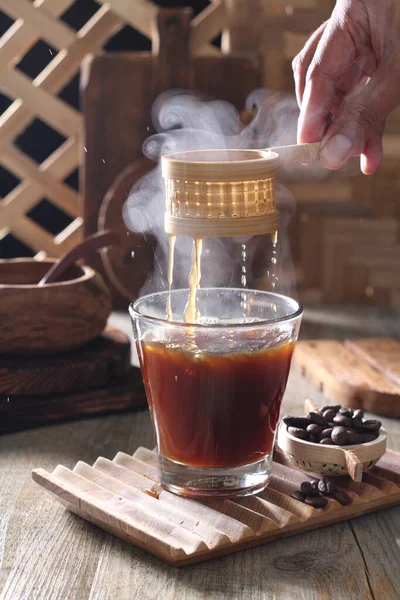 Uma Xícara Café Com Copo Leite Uma Bebida — Fotografia de Stock