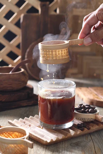 Hot Tea Cup Coffee Kettle Wooden Background — Zdjęcie stockowe