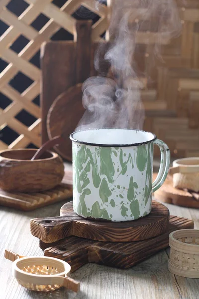 Filiżanka Kawy Herbaty Drewnianym Stole — Zdjęcie stockowe