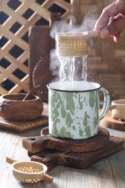 Coffee Cup Mug Tea Teapot Wooden Background — Fotografia de Stock