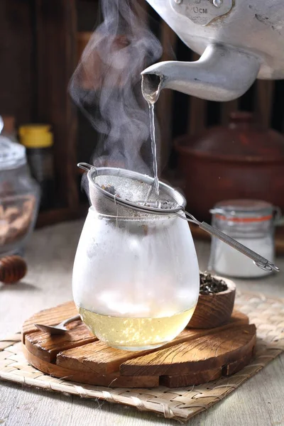 Pouring Tea Jug Wooden Stand Cup Coffee Oil Honey Rustic — 图库照片