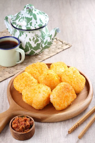 Fried Chicken Nuggets Cheese Tea Wooden Background — 图库照片