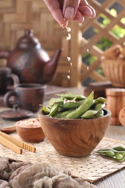 Edamame Japanese Dish Prepared Immature Soybeans Pod Pods Boiled Steamed — Foto Stock