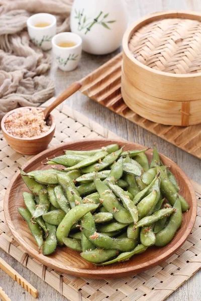 Edamame Japanese Dish Prepared Immature Soybeans Pod Pods Boiled Steamed — Foto Stock