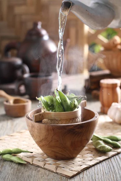Fresh Green Asparagus Bowl Wooden Table — Stockfoto