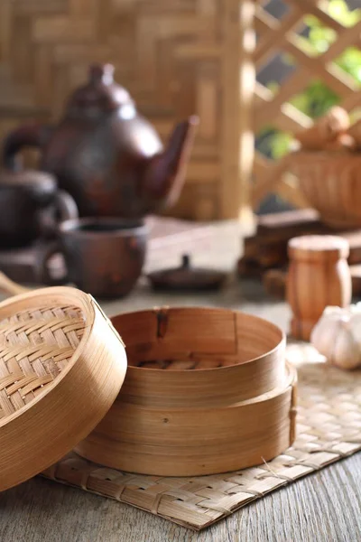 Wooden Bowl Chinese Food Teapot — стоковое фото