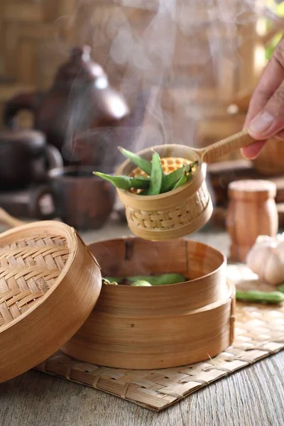 Edamame Japanese Dish Prepared Immature Soybeans Pod Pods Boiled Steamed — 图库照片