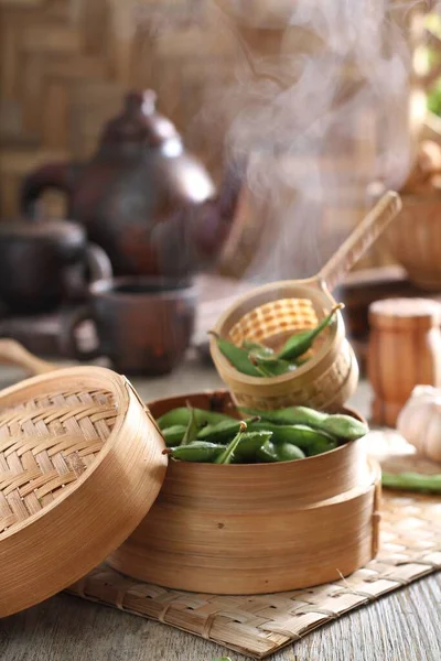 Edamame Japanese Dish Prepared Immature Soybeans Pod Pods Boiled Steamed — Stock Photo, Image