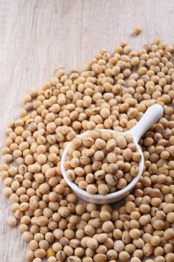 Beyaz arka planda ahşap bir kasede çiğ nohut.