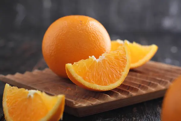 Orange Wooden Table Space Text Fresh Ripe Citrus Cutting Board — Stockfoto
