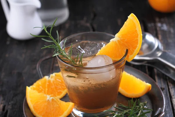 Fresh Orange Juice Rosemary Lemon Wooden Background — Foto Stock