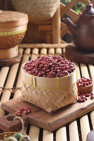 Red Beans Wooden Bowl Wood Background — Stock Photo, Image