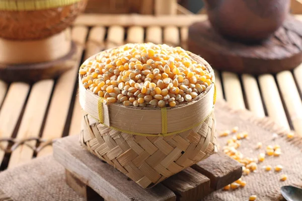 Yellow Corn Seeds Wooden Bowl Background Glass Jar Grains Wheat — Stock Photo, Image