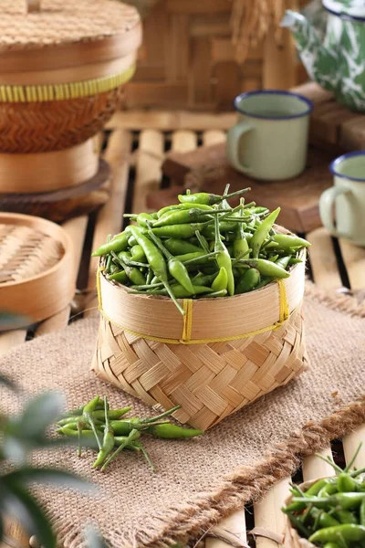 Fresh Green Beans Basket Wooden Table — Stock Photo, Image