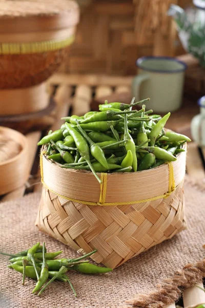 Fresh Green Peas Basket Wooden Background — Stock Photo, Image