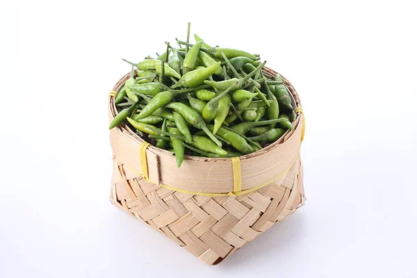 Green Beans Wicker Basket White Background Top View — Stock Photo, Image