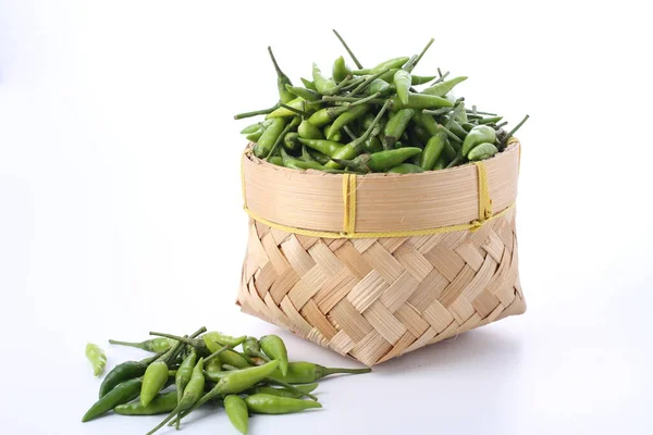 Fresh Green Beans Wicker Bowl White Background Close Top View — Stock Photo, Image