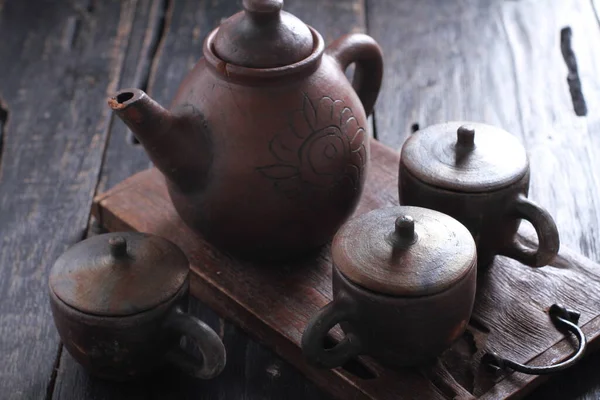Clay Teapot Table Ceramic Pot Vintage Copy Space — Stock Photo, Image