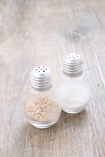 White Pepper Salt Shaker Wooden Background — Stock Photo, Image