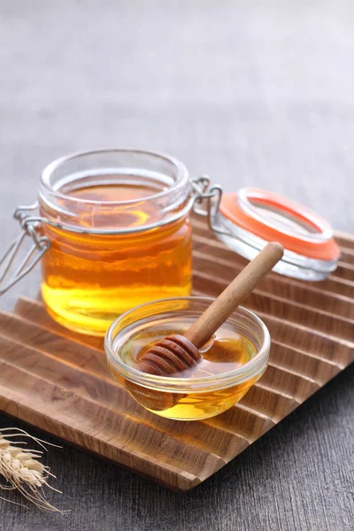 Honey Glass Wooden Scoop Old Background — Stock Photo, Image